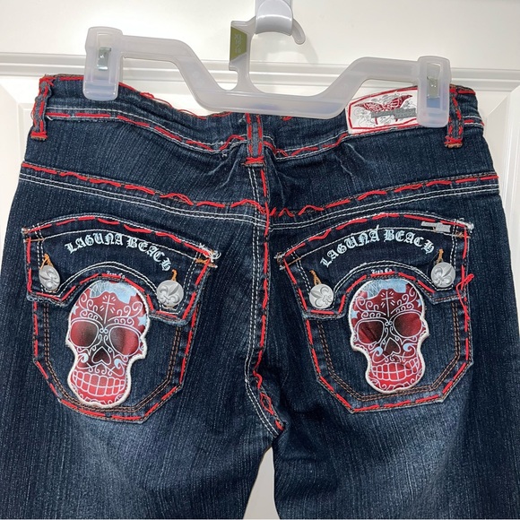 LAGUNA BEACH JEANS VINTAGE STRAIGHT CUT POCKET SKULLS SIZE 31 BLUE MADE IN USA - Picture 7 of 14